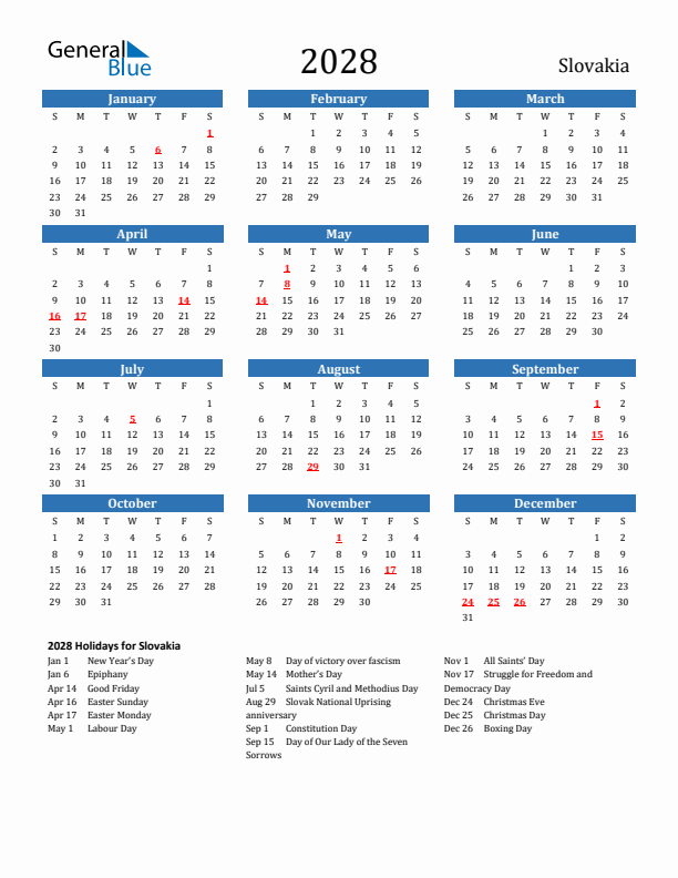 Slovakia 2028 Calendar with Holidays