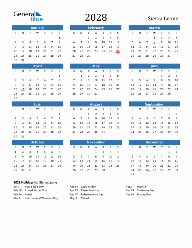 Sierra Leone 2028 Calendar with Holidays
