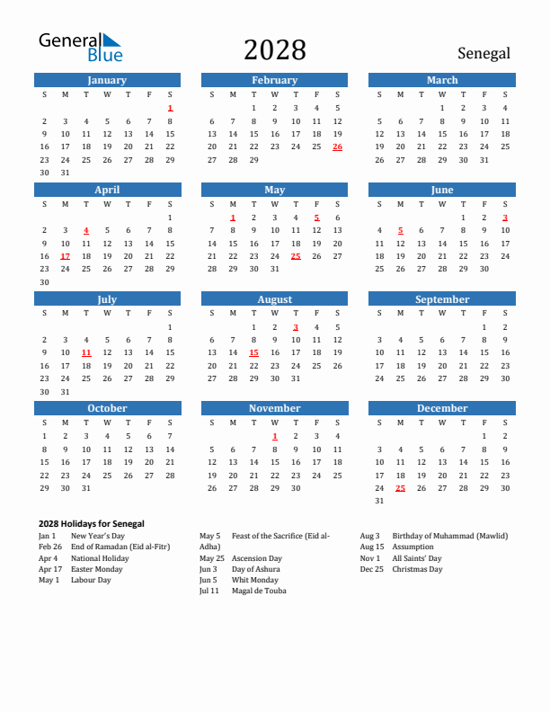 Senegal 2028 Calendar with Holidays