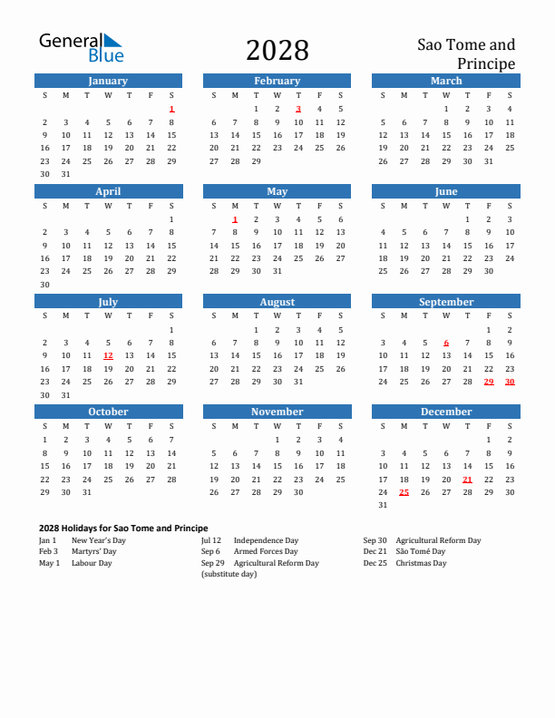 Sao Tome and Principe 2028 Calendar with Holidays