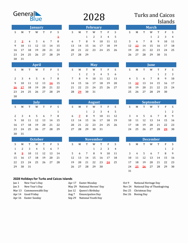 Turks and Caicos Islands 2028 Calendar with Holidays