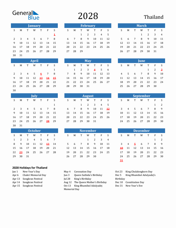 Thailand 2028 Calendar with Holidays