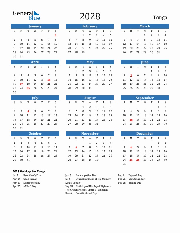 Tonga 2028 Calendar with Holidays