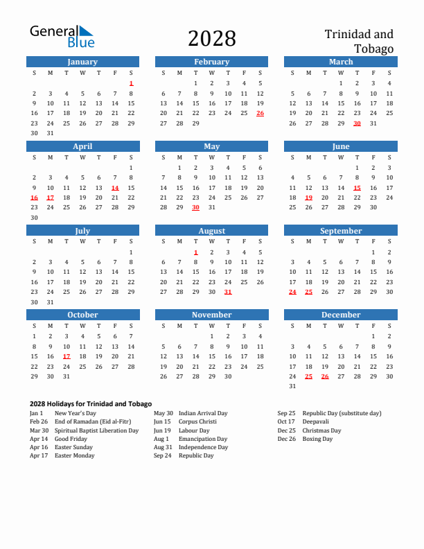 Trinidad and Tobago 2028 Calendar with Holidays