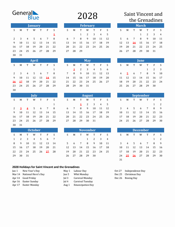 Saint Vincent and the Grenadines 2028 Calendar with Holidays