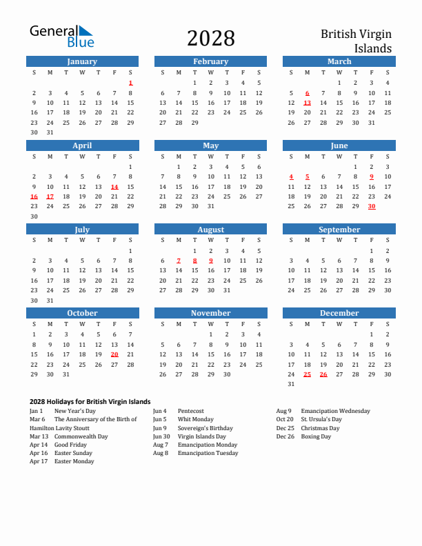 British Virgin Islands 2028 Calendar with Holidays