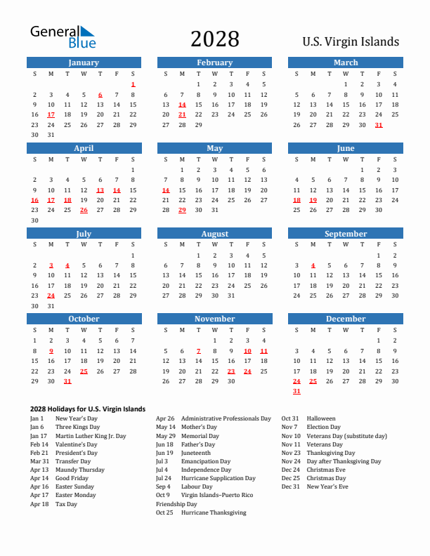 U.S. Virgin Islands 2028 Calendar with Holidays