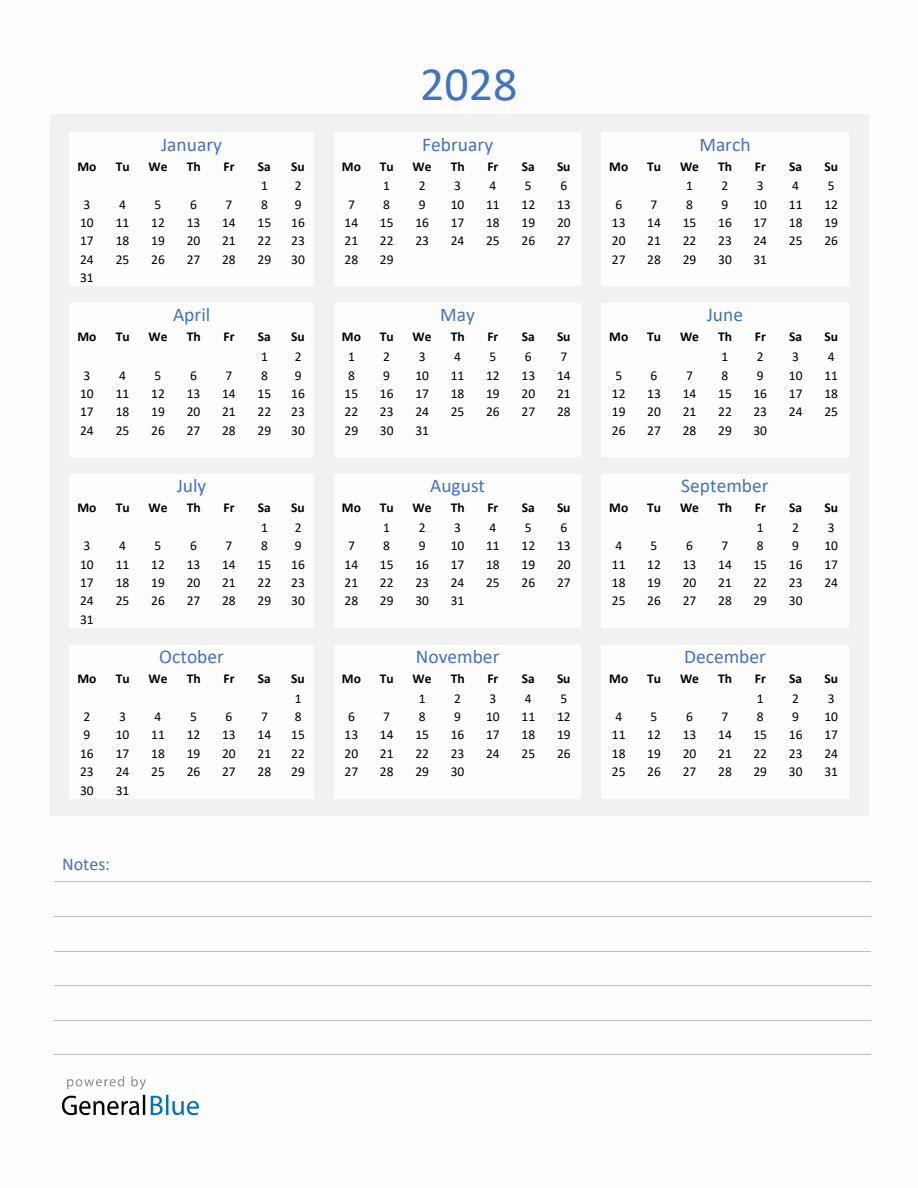 2028 Yearly Calendar Template With Notes Section