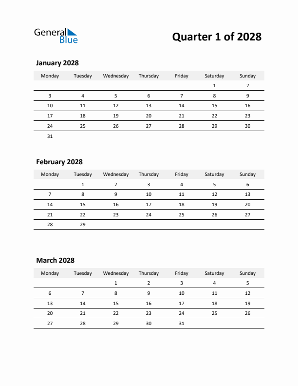 2028 Three-Month Calendar (Quarter 1)