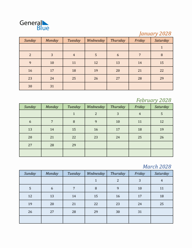 Three-Month Calendar for Year 2028 (January, February, and March)