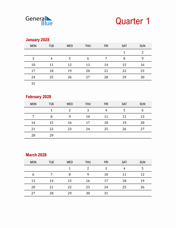 Three-Month Printable Calendar 2028