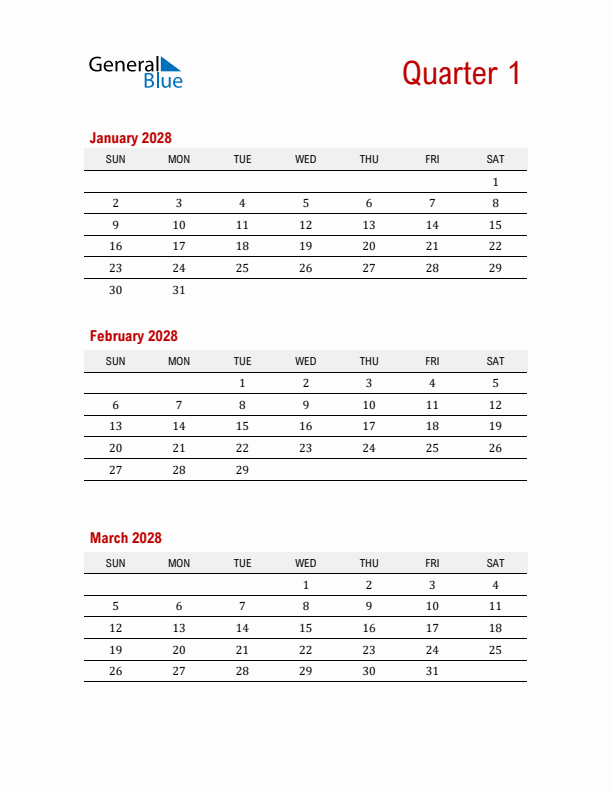 Three-Month Printable Calendar 2028