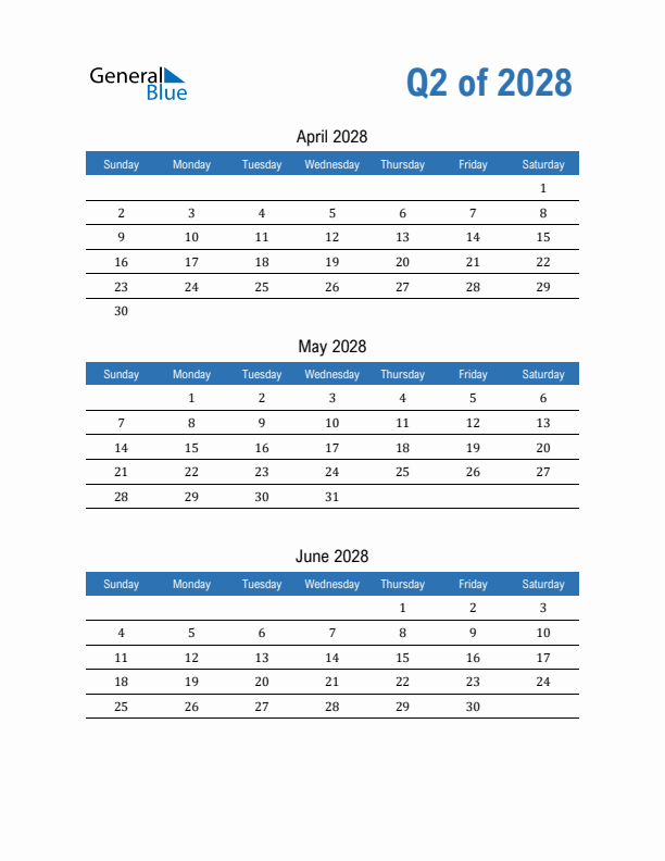 Fillable Quarterly Calendar for Q2 2028