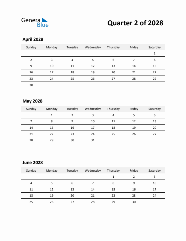 2028 Three-Month Calendar (Quarter 2)