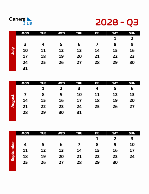 Editable Quarterly Calendar (Monday Start)