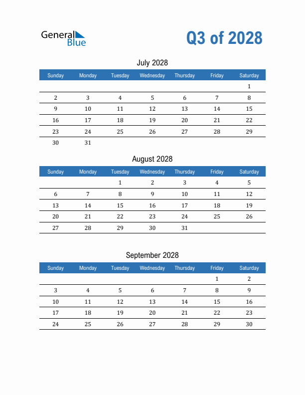Fillable Quarterly Calendar for Q3 2028