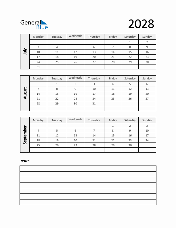 Q3 2028 Calendar with Notes