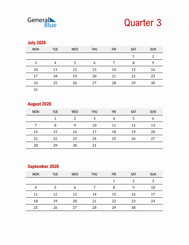 Three-Month Printable Calendar 2028