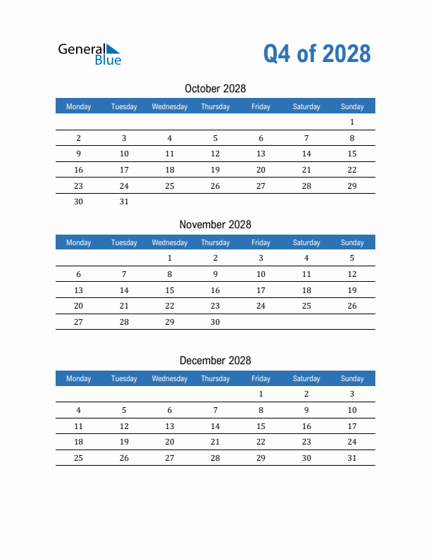 Fillable Quarterly Calendar for Q4 2028