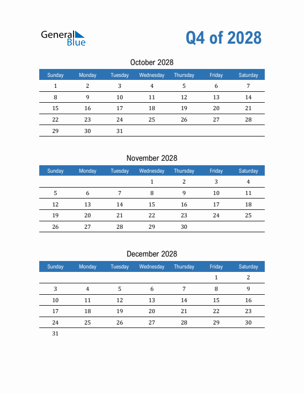 Fillable Quarterly Calendar for Q4 2028