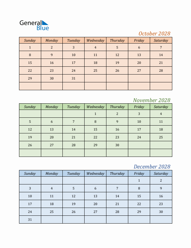 Three-Month Calendar for Year 2028 (October, November, and December)