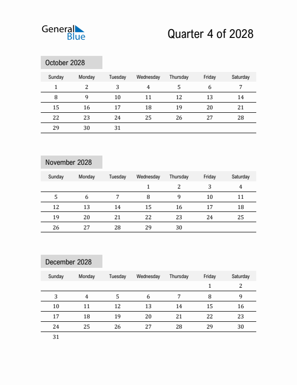 October, November, and December Calendar 2028