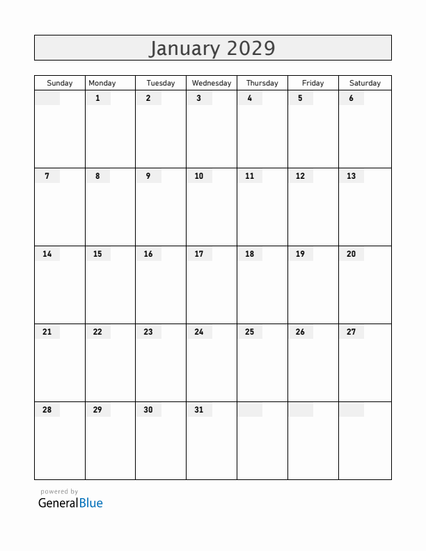 Blank January 2029 Calendar