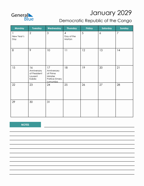 Calendar with Notes Printable - Monday Start