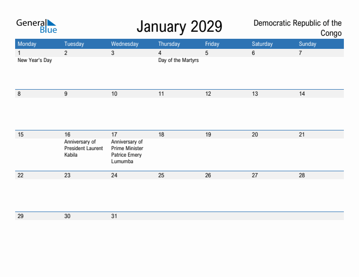Fillable January 2029 Calendar