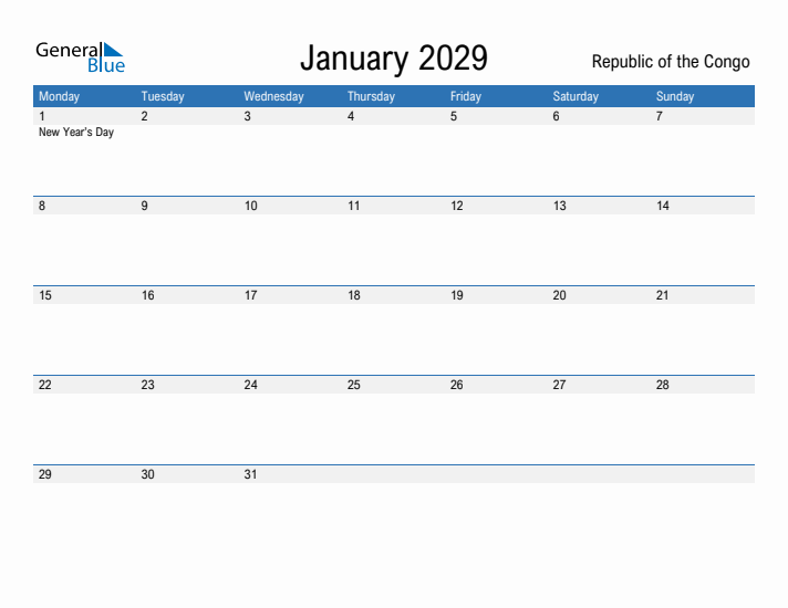 Fillable January 2029 Calendar