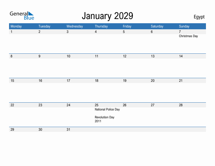 Fillable January 2029 Calendar