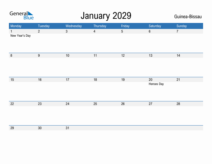 Fillable January 2029 Calendar
