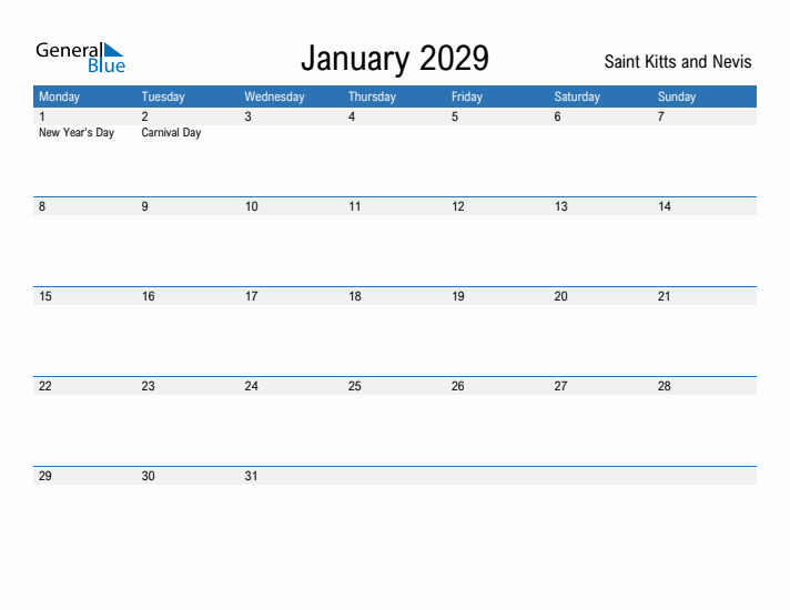 Fillable January 2029 Calendar