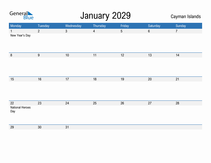 Fillable January 2029 Calendar