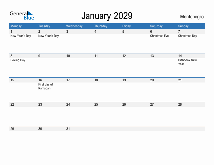 Fillable January 2029 Calendar