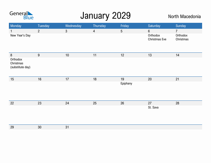Fillable January 2029 Calendar