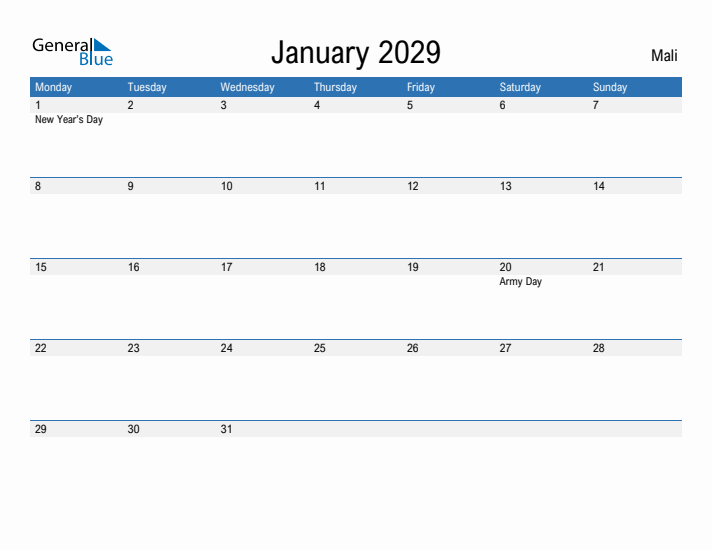 Fillable January 2029 Calendar