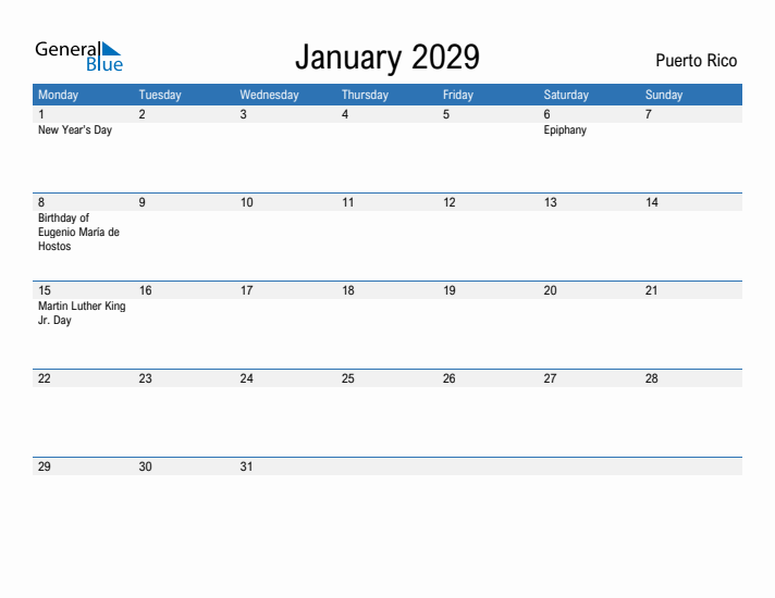 Fillable January 2029 Calendar