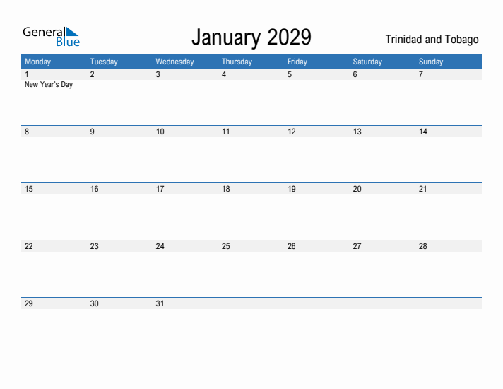 Fillable January 2029 Calendar