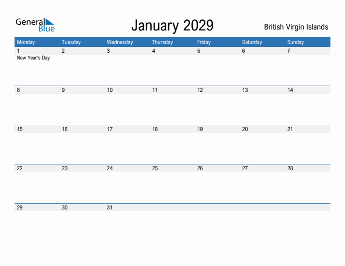 Fillable January 2029 Calendar
