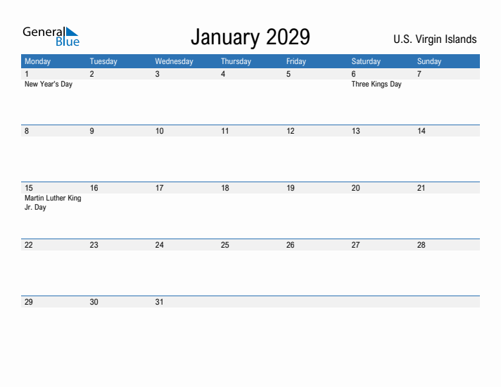 Fillable January 2029 Calendar