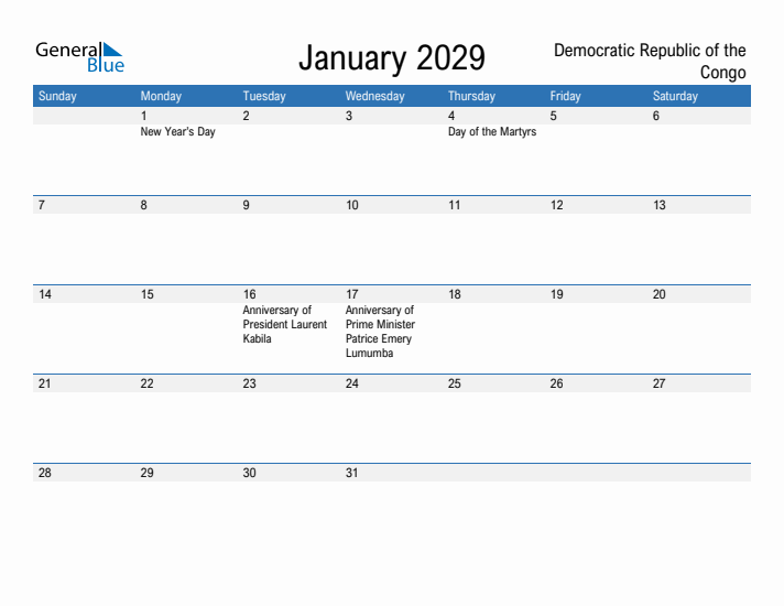 Fillable January 2029 Calendar