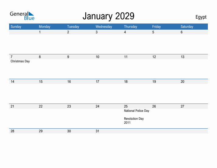Fillable January 2029 Calendar