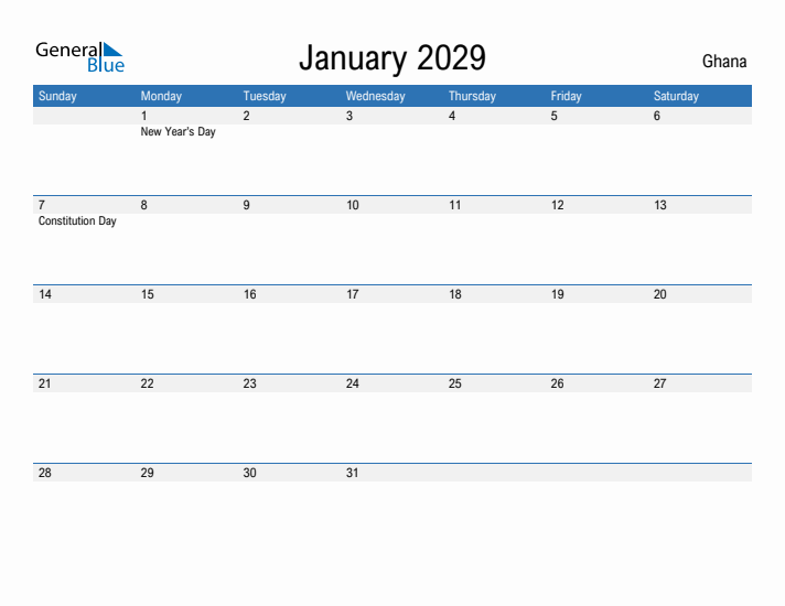 Fillable January 2029 Calendar