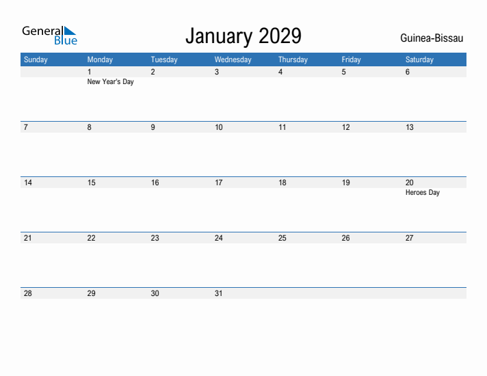 Fillable January 2029 Calendar