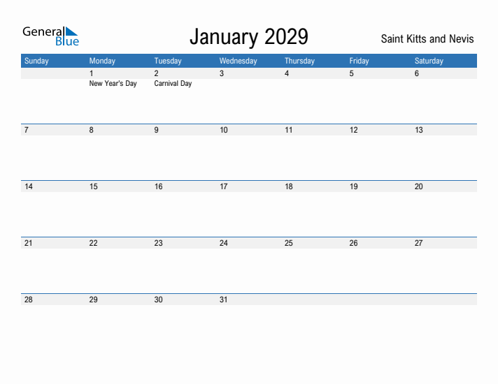 Fillable January 2029 Calendar