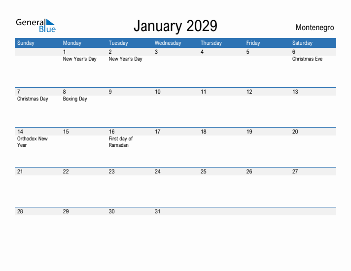 Fillable January 2029 Calendar