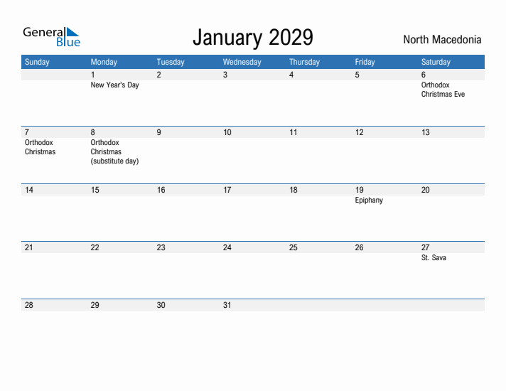 Fillable January 2029 Calendar