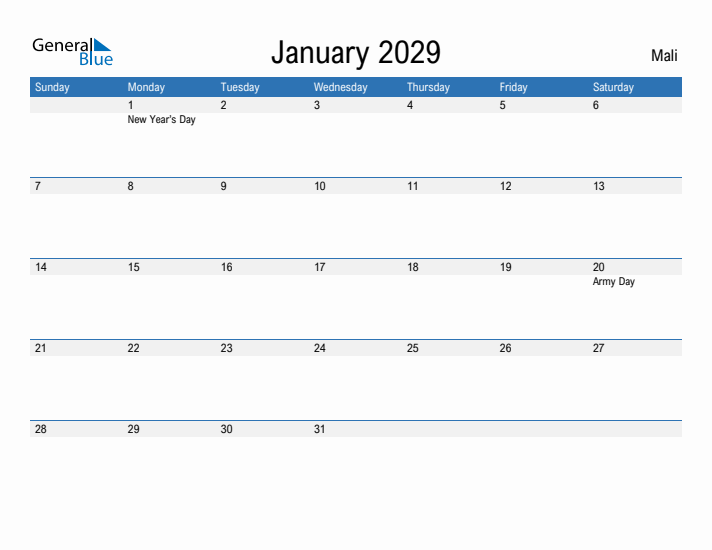 Fillable January 2029 Calendar