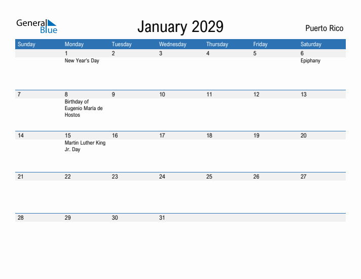 Fillable January 2029 Calendar